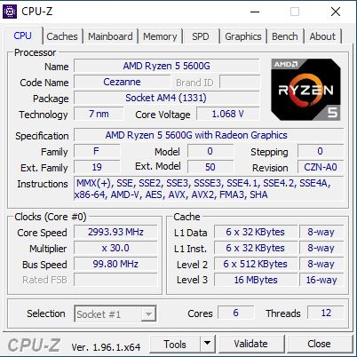 CPU Z Amd ryzen 5 5600G