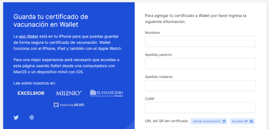 Captura de la pagina para obtener el certificado en app wallet