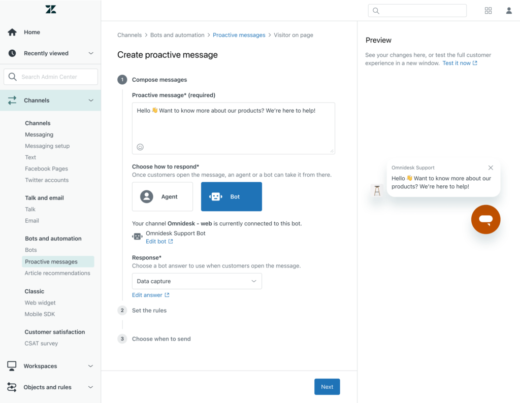 Zendesk mensajes proactivos